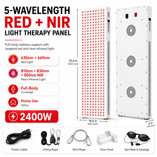iReliev red light therapy panel with full body design, 2400W, featuring five wavelengths for near-infrared and red light therapy.