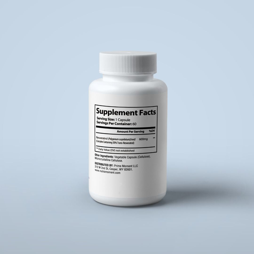Nutra Moment Resveratrol supplement bottle with 600mg trans-resveratrol capsules for health and beauty benefits.