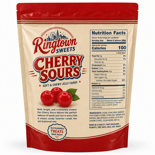 Soft and chewy Cherry Sours by Ringtown Sweets, colorful jelly candy with a tangy cherry flavor from Candy In Bulk.