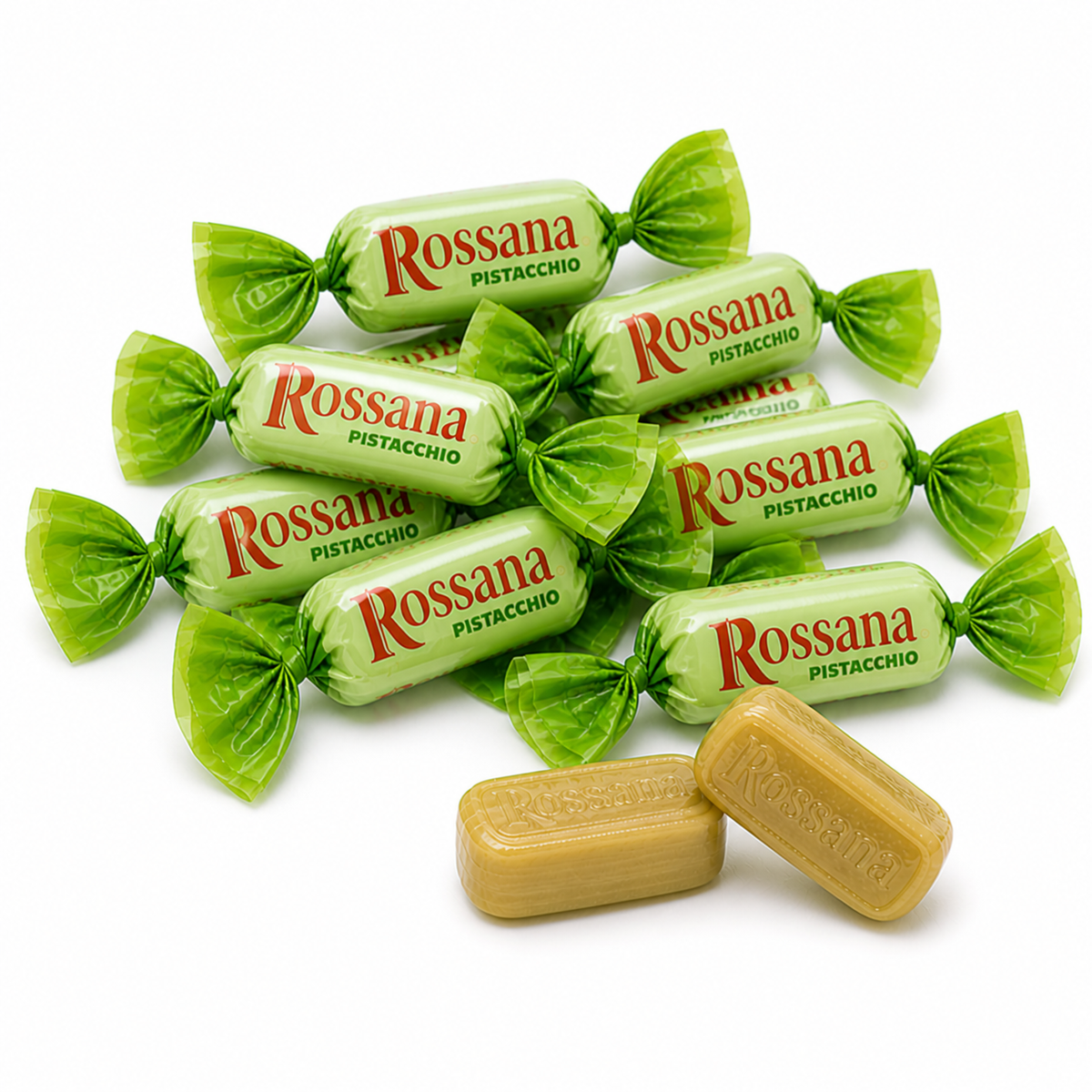 Rossana pistachio cream-filled hard candies in a bulk bag, showcasing shiny green and beige candies with pistachio filling.