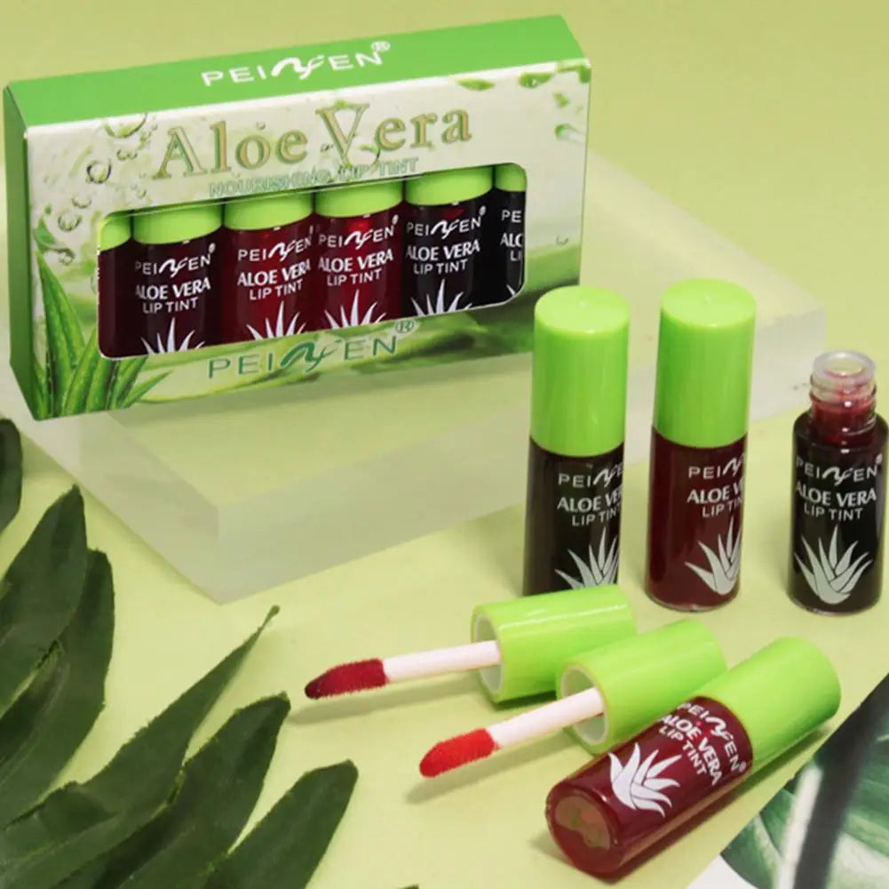 Blushimmer 6-color lip tint and gloss set featuring moisturizing, plumping liquid lipsticks and cheek stains with aloe vera.