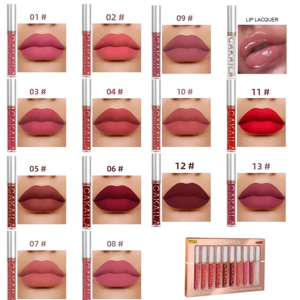 Set of 10 nude matte lip glosses by Blushimmer, featuring long-lasting, waterproof Korean liquid lipsticks with velvet finish.