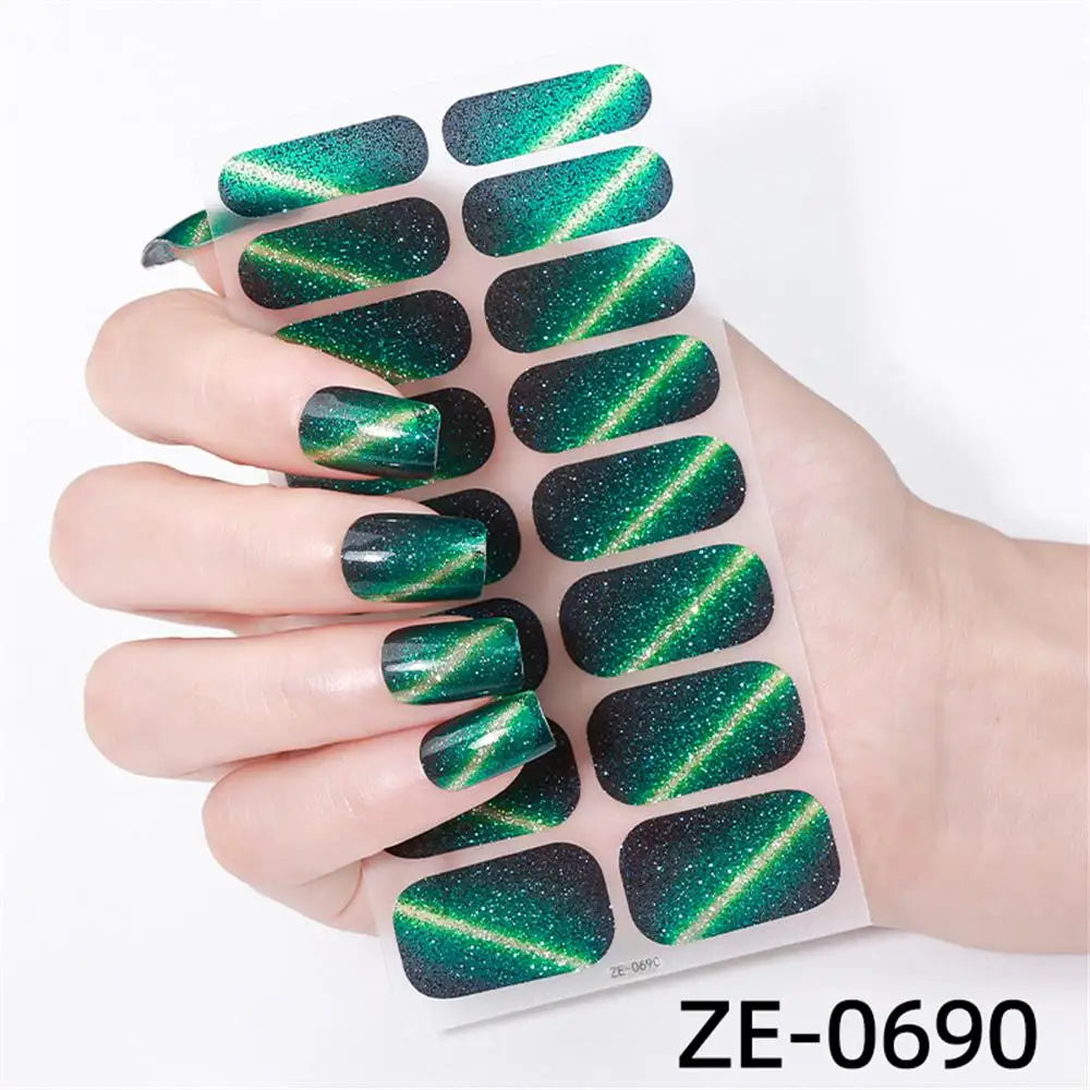 Gradient cat eye nail art stickers by Blushimmer, 16-piece waterproof false nail decals with glitter and self-adhesive design.