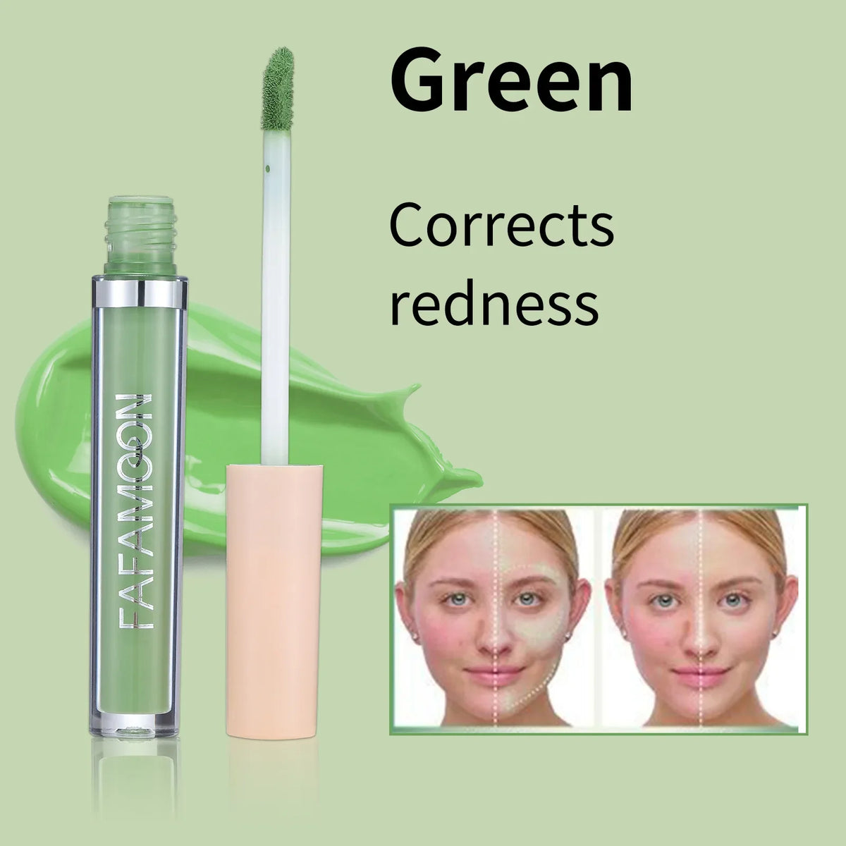 Blushimmer liquid concealer for face contour, dark circle coverage, and skin correction in a makeup application image.