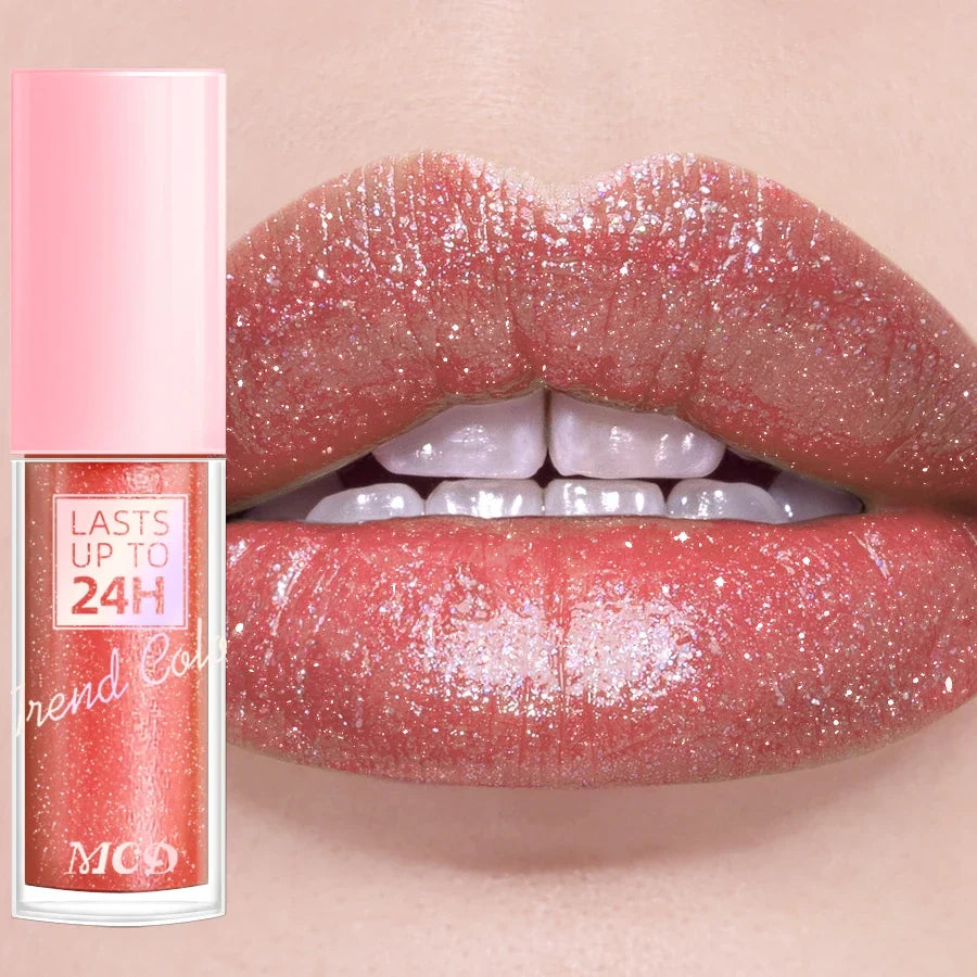 Blushimmer 18-color glitter lip gloss with long-lasting, waterproof liquid lipstick, moisturizing lip oil, and lip tint in a sleek tube