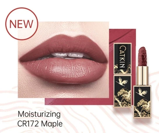 Blushimmer CATKIN Velvet Matte Lipstick in 3.6g with hydrating, satin finish, showing smooth, creamy lipstick bullet in a close-up shot.