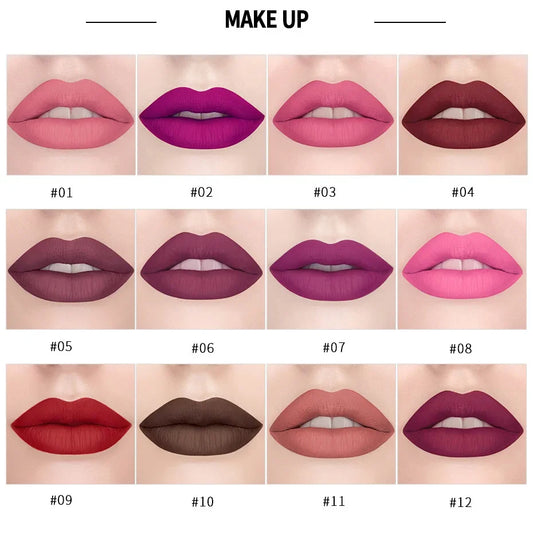 Blushimmer Handaiyan 12-color matte velvet lipstick set with long-lasting, waterproof, non-stick formula displayed in an open case