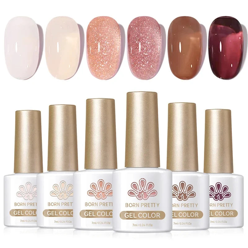 Six-piece Born Pretty Crystal Amber Gel Nail Polish set in jelly pink and nude shades, perfect for semi-permanent UV and LED manicures.