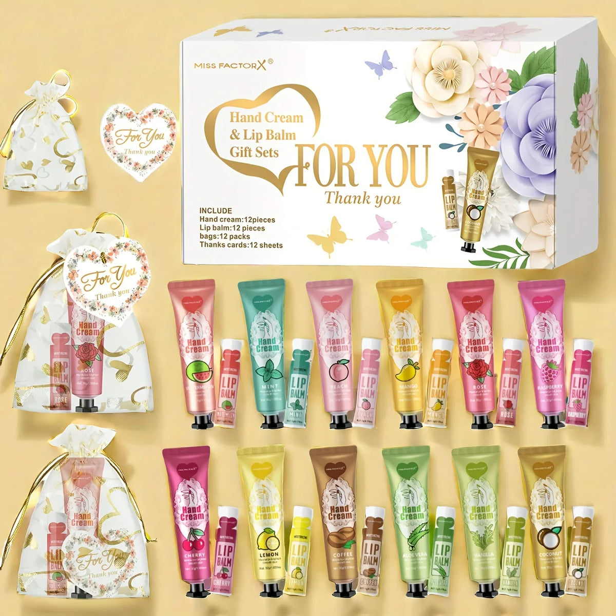 Blushimmer gift set with 12 hand creams and lip balms in a net bag, includes a thank you card, perfect for friends or holidays.