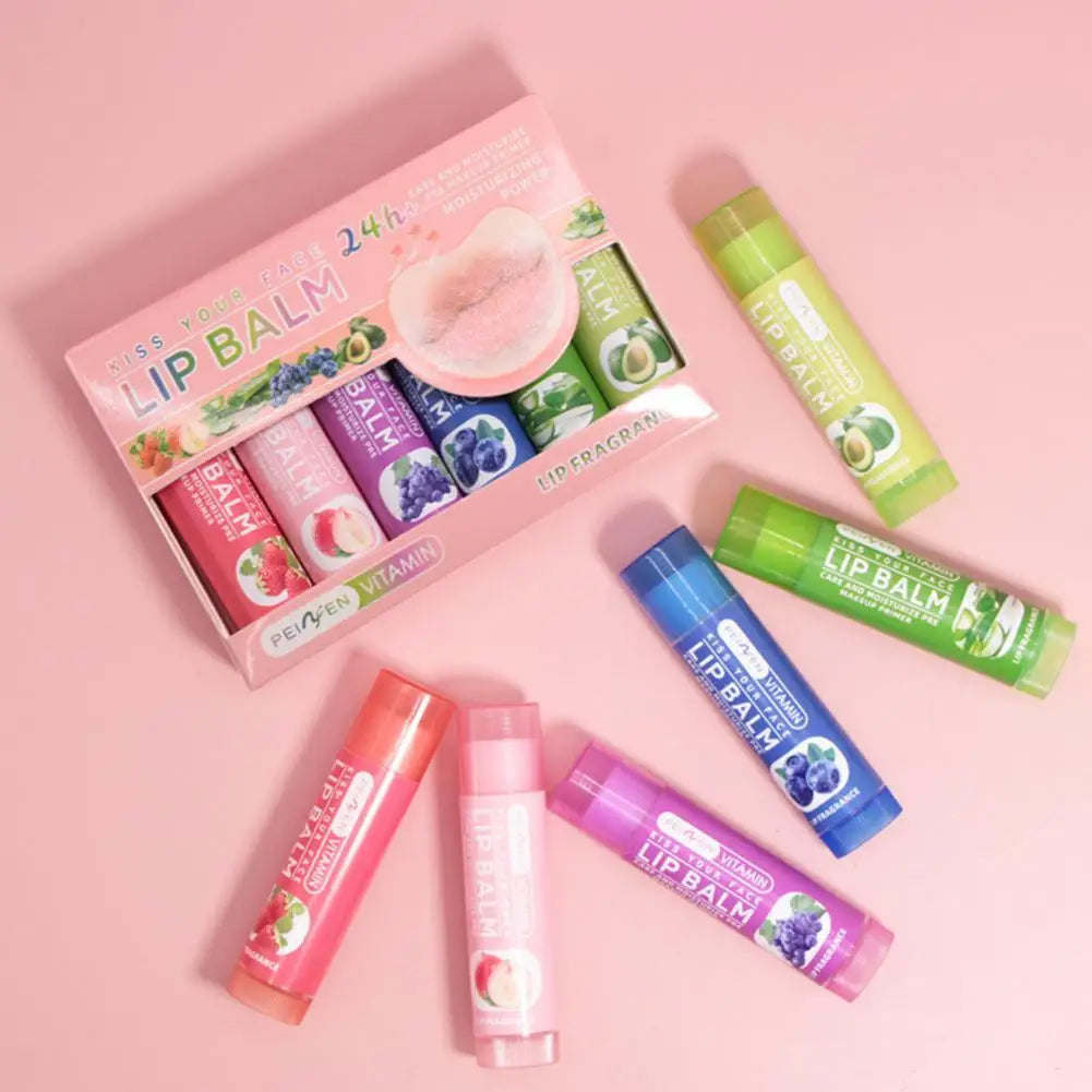 Set of 6 Blushimmer natural fruit discolored lip balms with color-changing, moisturizing, glossy nourishing lip tints and long-lasting lip care.