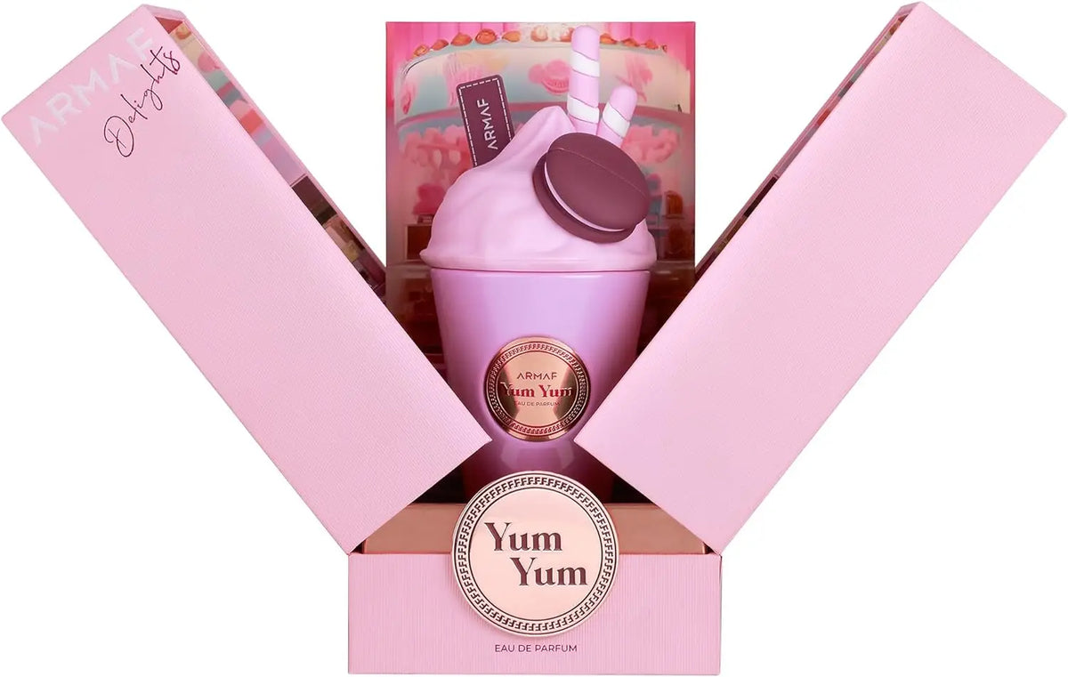 Armaf Delights Yum Yum EDP perfume bottle, 100ml, with floral and fruity notes, designed for women, long-lasting scent.