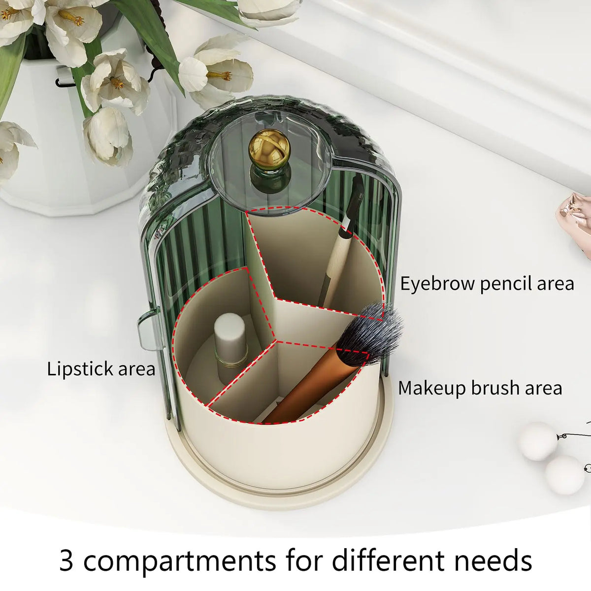 Blushimmer YOOLENS rotating clear makeup brush holder with lid, dustproof organizer for vanity and bathroom storage.