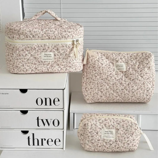 Blushimmer retro floral print cosmetic bag and travel organizer set with quilted large capacity storage and multiple compartments.