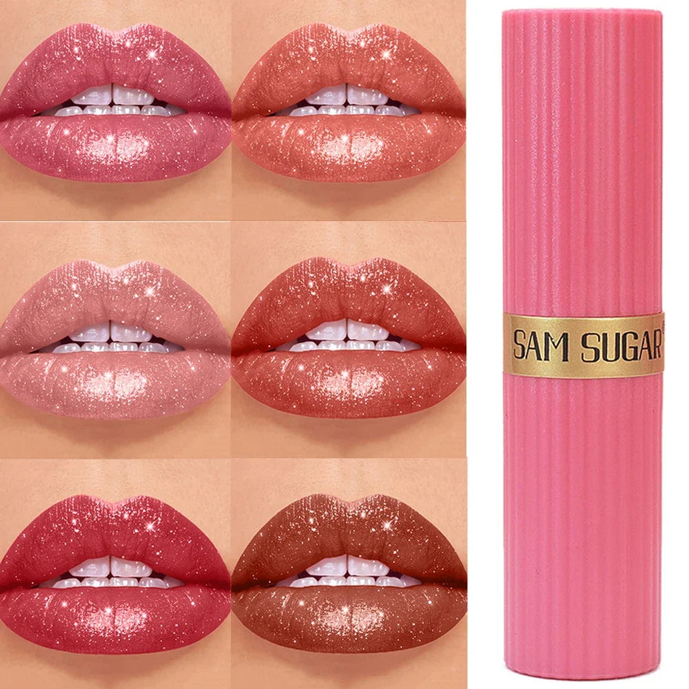 Blushimmer metallic glitter lipstick in chocolate brown with shimmery, long-lasting, waterproof, non-fade pearl finish.