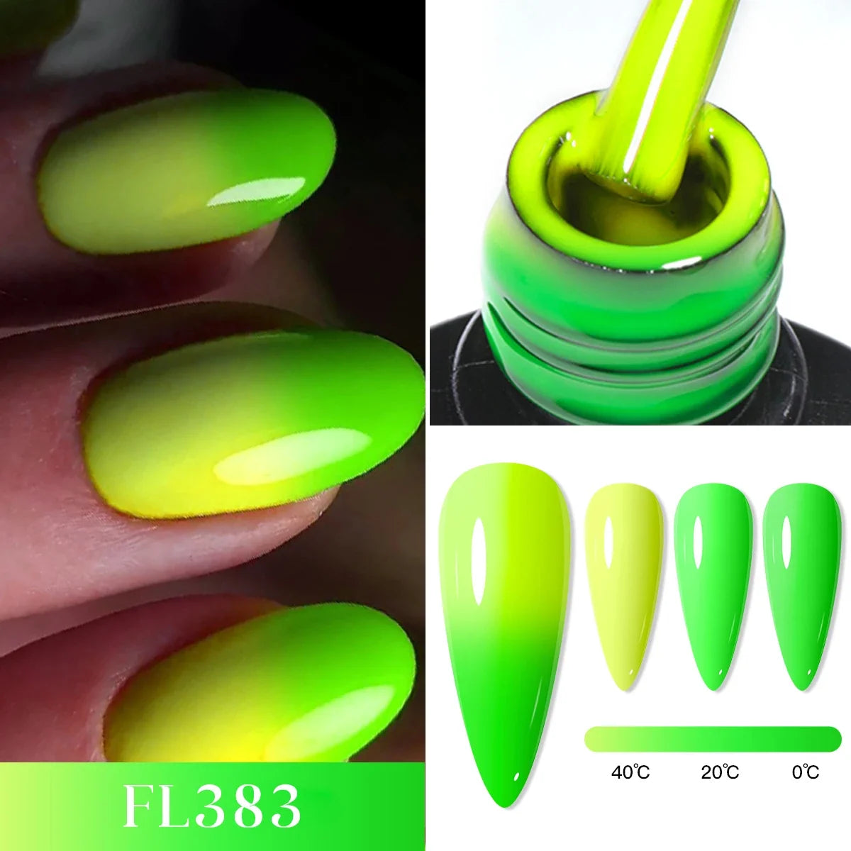 Three color-changing Blushimmer FOUR LILY 7ml thermal nail gel polishes for semi-permanent UV/LED manicures, shown in bottles.
