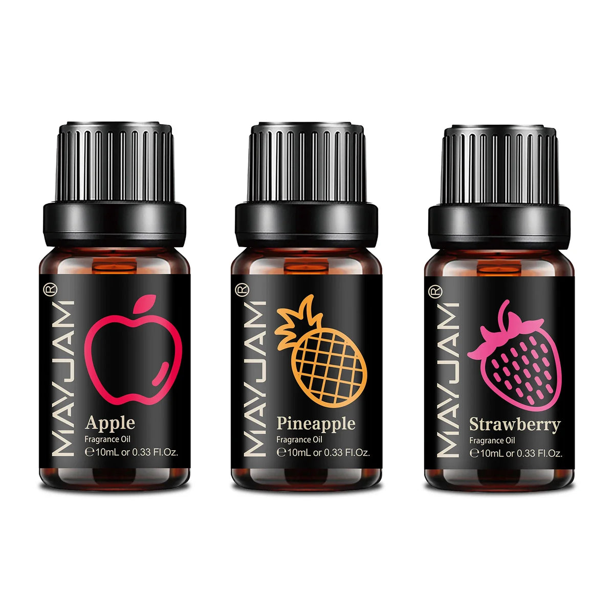 Blushimmer MAYJAM fruit essential oil 10ml with cherry, banana, papaya, grape, litchi, guava, kiwifruit, pear, and fig fragrance in a clear bottle.