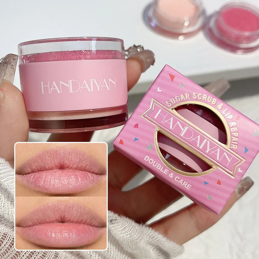 Blushimmer lip scrub and balm set for dark and pink lips, exfoliates, moisturizes, reduces pigmentation, and brightens lips.
