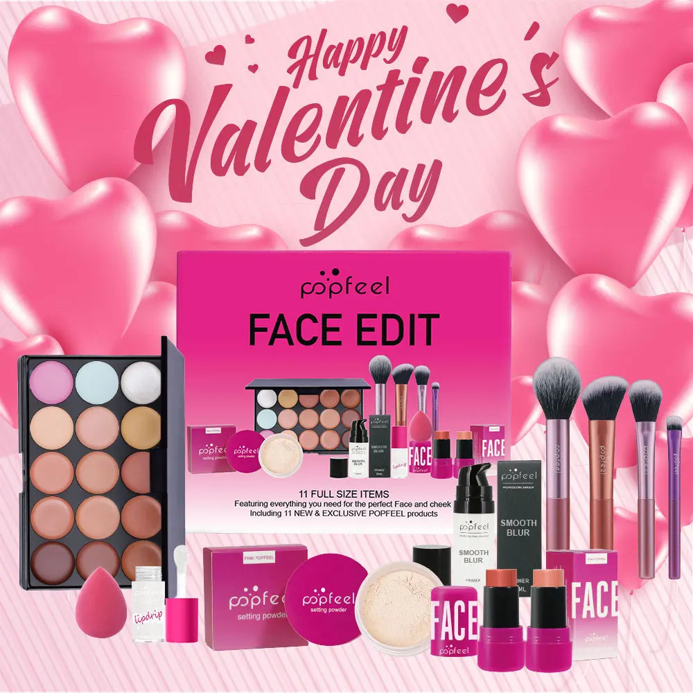 Blushimmer POPFEEL Valentine's Day makeup gift set with 11-piece all-in-one makeup kit including concealer and beauty essentials.