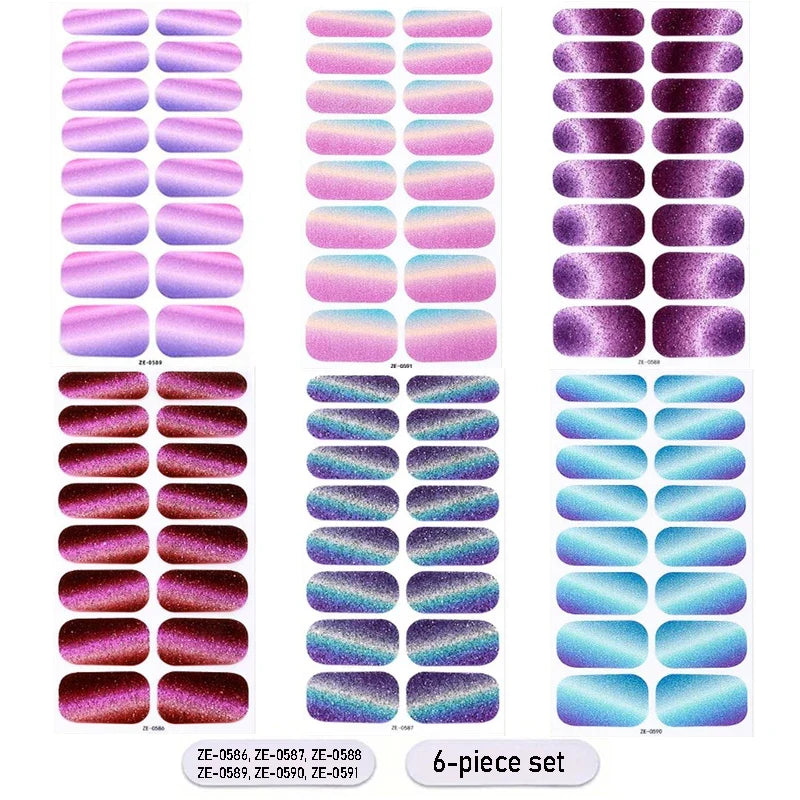 Gradient cat eye style nail art stickers by Blushimmer, 16-piece set with waterproof glitter self-adhesive false nail decals.
