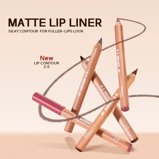 Blushimmer matte lip liner with sharpener, smooth application, long-lasting, easy to color for a flawless finish, shown on a model.