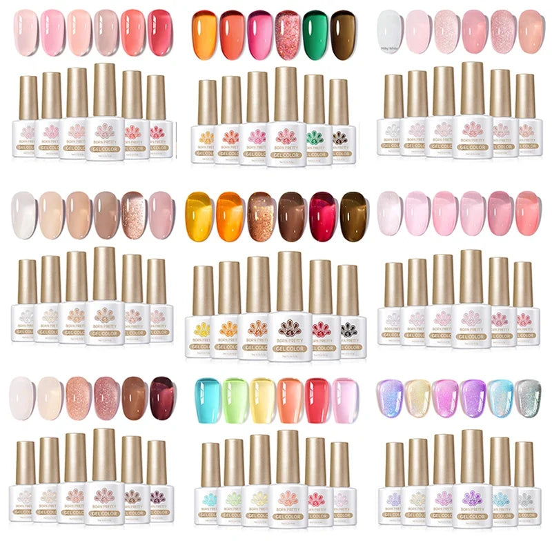 Six bottles of Blushimmer Born Pretty crystal amber gel nail polish set in jelly pink and nude for winter semi-permanent UV and LED manicures.