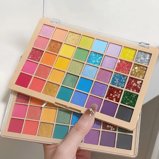 Blushimmer 40-color eyeshadow set with matte and pearlescent shades in green, blue, pink for festival makeup and gift use.