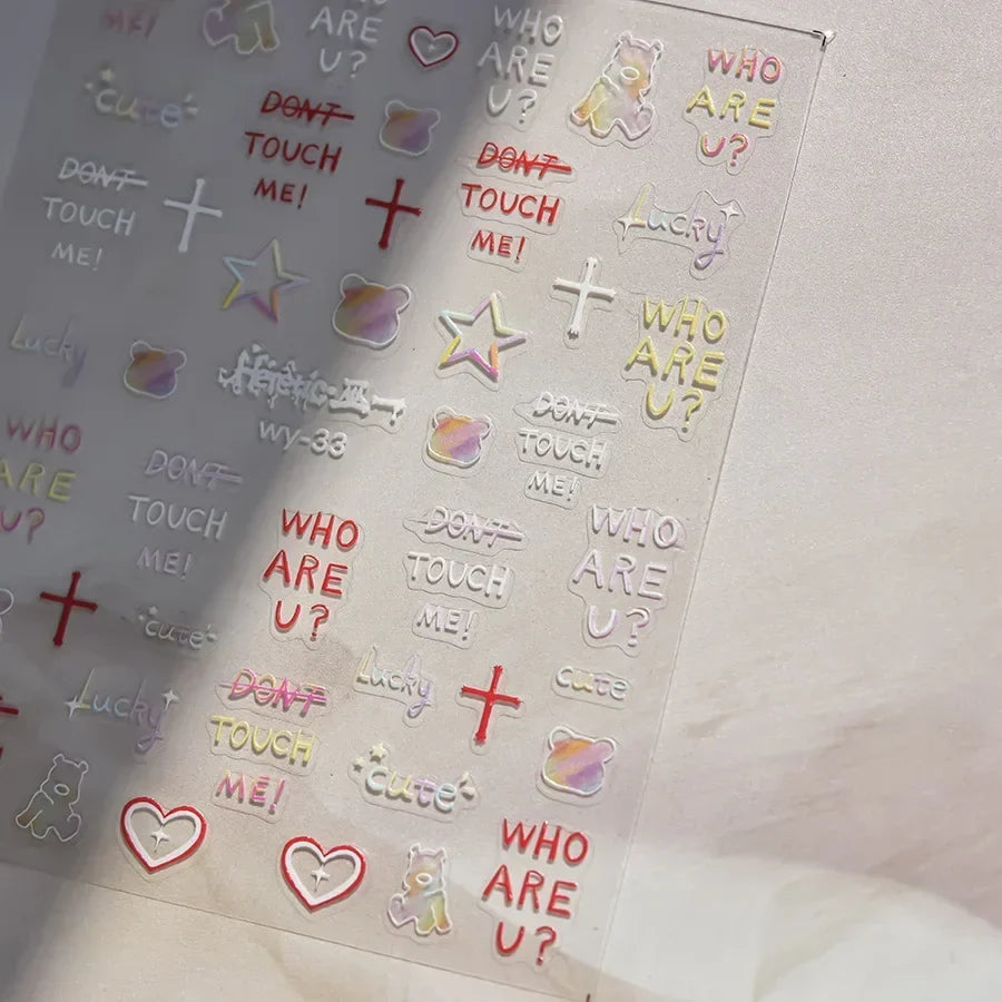Colorful Cat's Eye 5D gradient nail art stickers with European love heart and geometric wing designs, self-adhesive manicure decals.