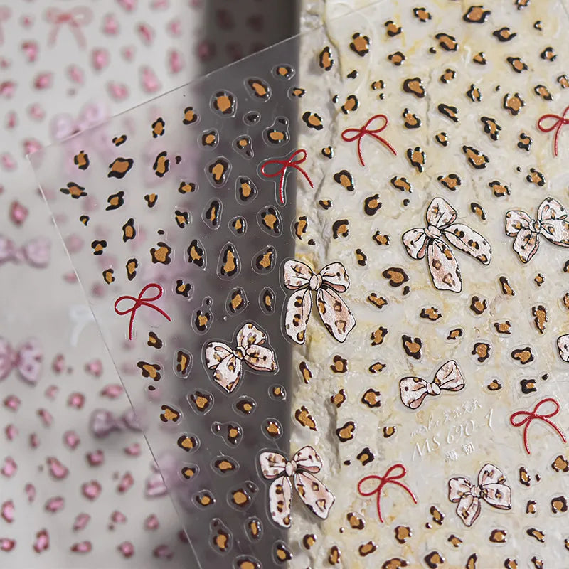 French leopard print bowknot lace ribbon with rhinestones and pearls for manicure decoration, designed by Blushimmer.