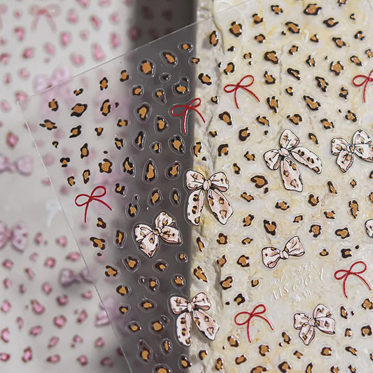 French leopard print bowknot lace ribbon with rhinestones and pearls for manicure decoration, designed by Blushimmer.