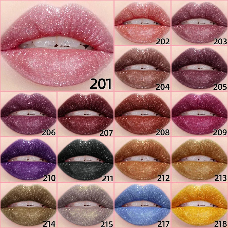 Blushimmer 18-color glitter lip glaze with long-lasting, waterproof liquid lipstick, lip oil, and moisturizing lip balm in a sleek tube