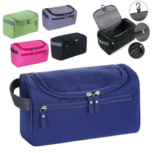 Men's multifunctional travel storage bag by Blushimmer, toiletries pillowcase and hand-held toiletries organizer in black fabric.