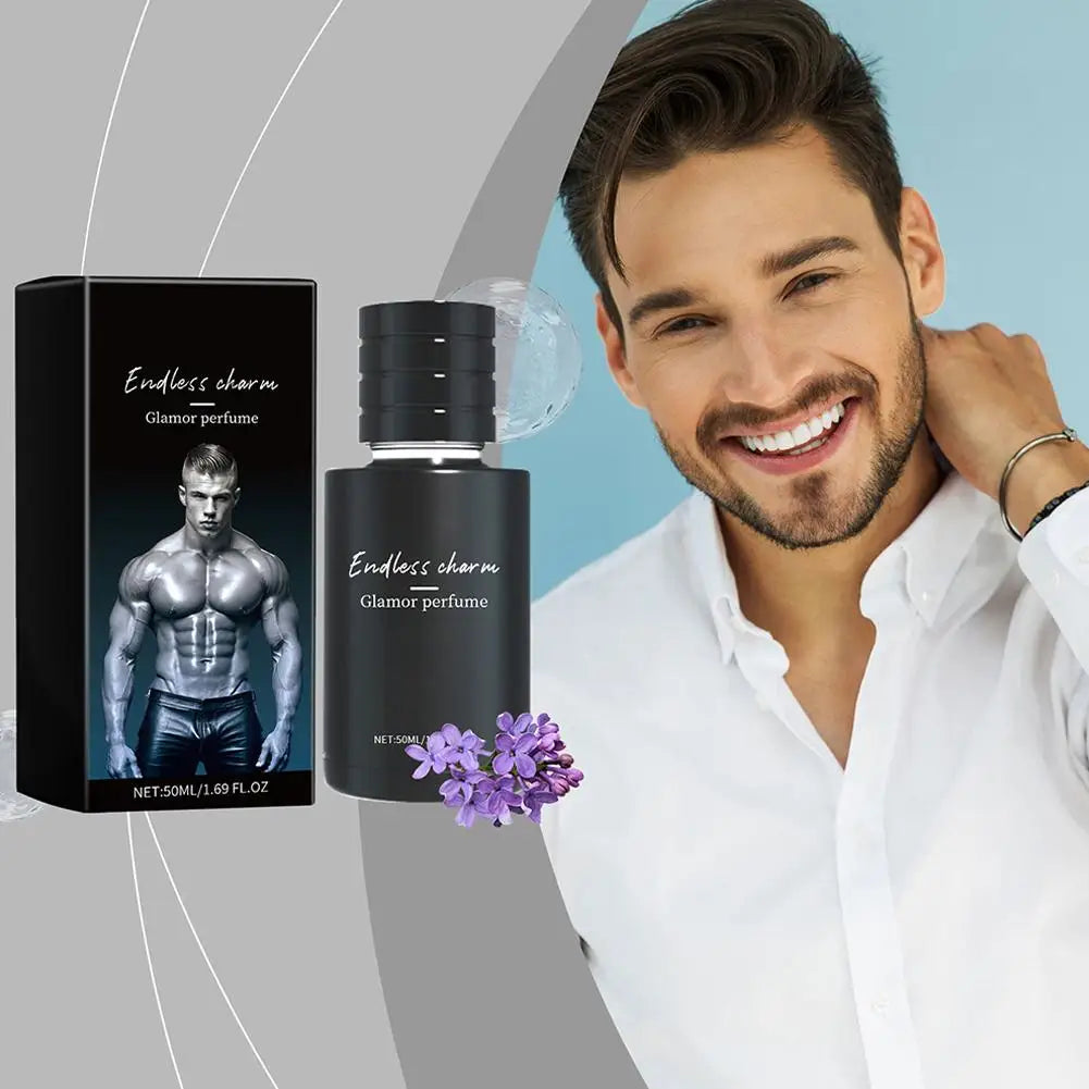Blushimmer men's long-lasting body fragrance spray, enhances attractiveness with a charming scent, shown in a sleek bottle.
