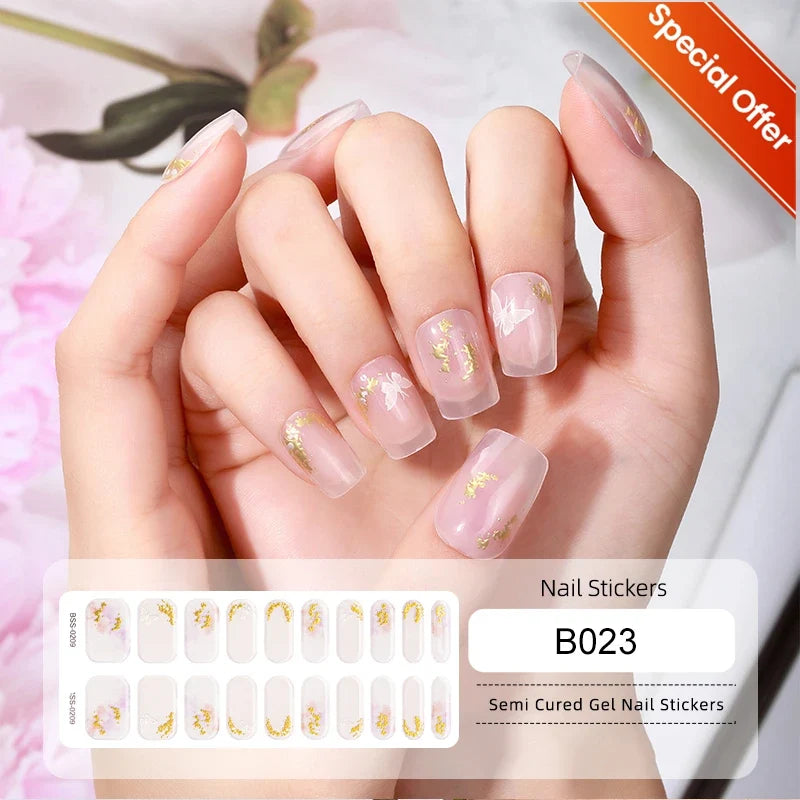 Blushimmer 20 Tips gradient French semi-cured gel nail sticker with full cover nail gel polish wraps for manicure application