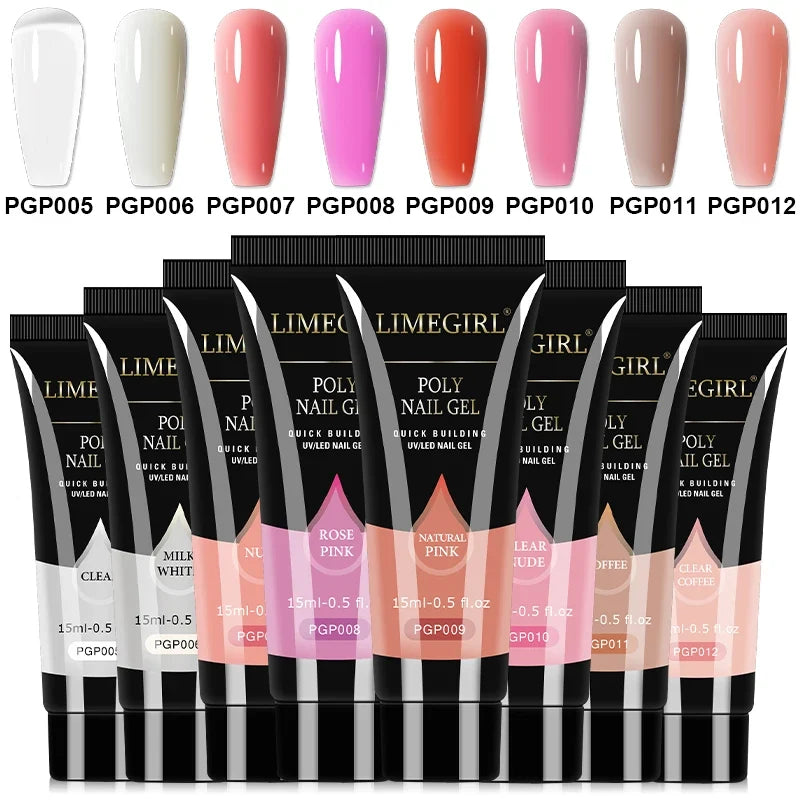 Blushimmer Poly Extension Gel Nail Set with 8 pieces of 15ml fast builder gel for manicure, nail extension, and 3D art.