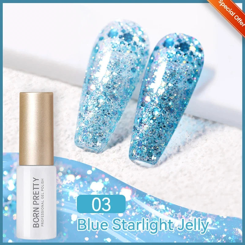 Silver glitter gel nail polish by Blushimmer featuring reflective, sparkling ultra-shine finish in a 10ml bottle for UV nail art.