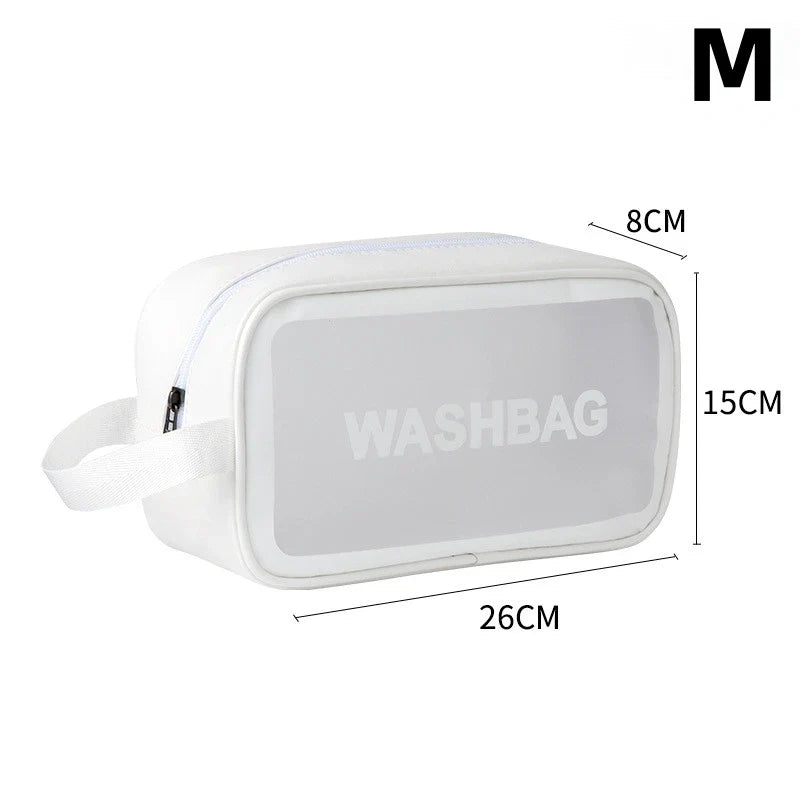 Transparent waterproof travel wash bag by Blushimmer, large capacity cosmetic organizer with multiple compartments for women.