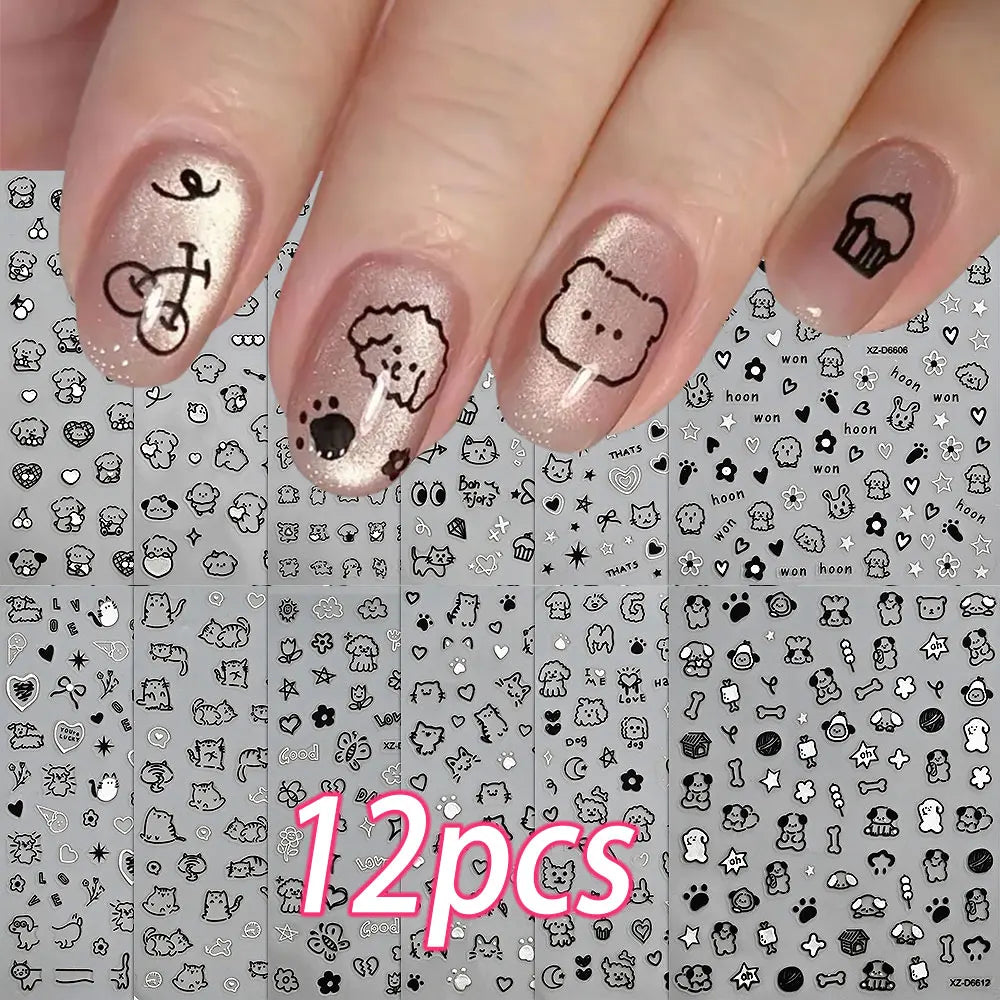Set of 12 colorful cartoon dog and cat nail art stickers by Blushimmer, self-adhesive 3D graffiti decals for creative nail designs.