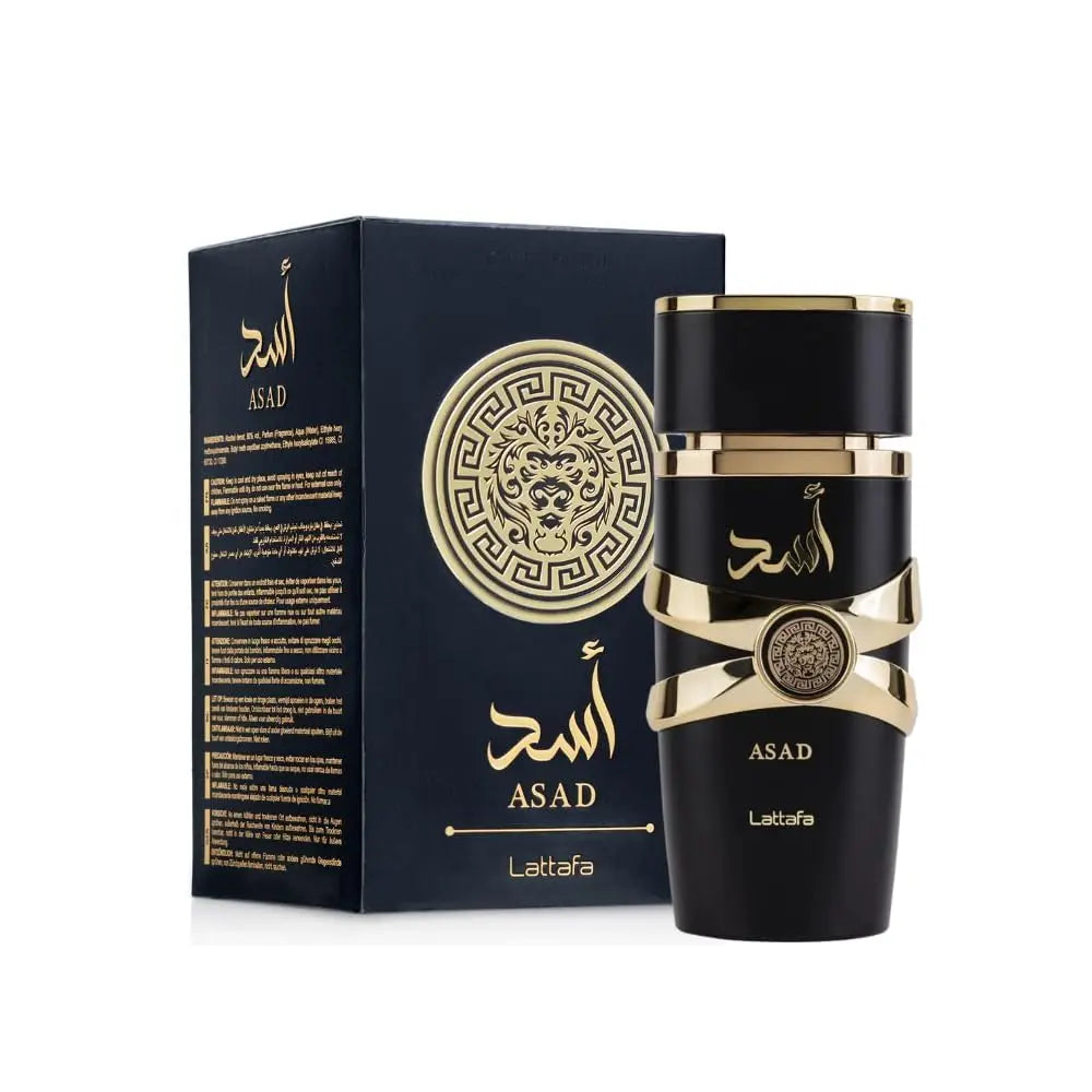 Lattafa Asad unisex Eau De Parfum spray by Blushimmer, 3.4 oz bottle, long-lasting Arabian fragrance for women and men.