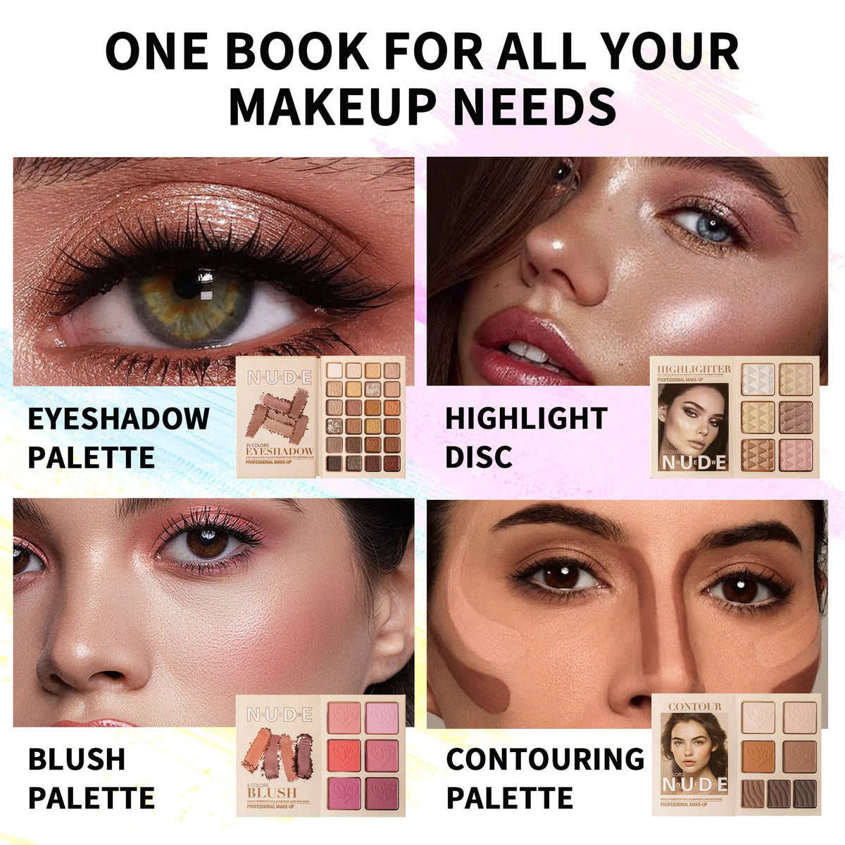 Blushimmer 43-color all-in-one makeup palette with matte and shimmer eyeshadows, blush, contour, and highlighter in a 4-layer book design.