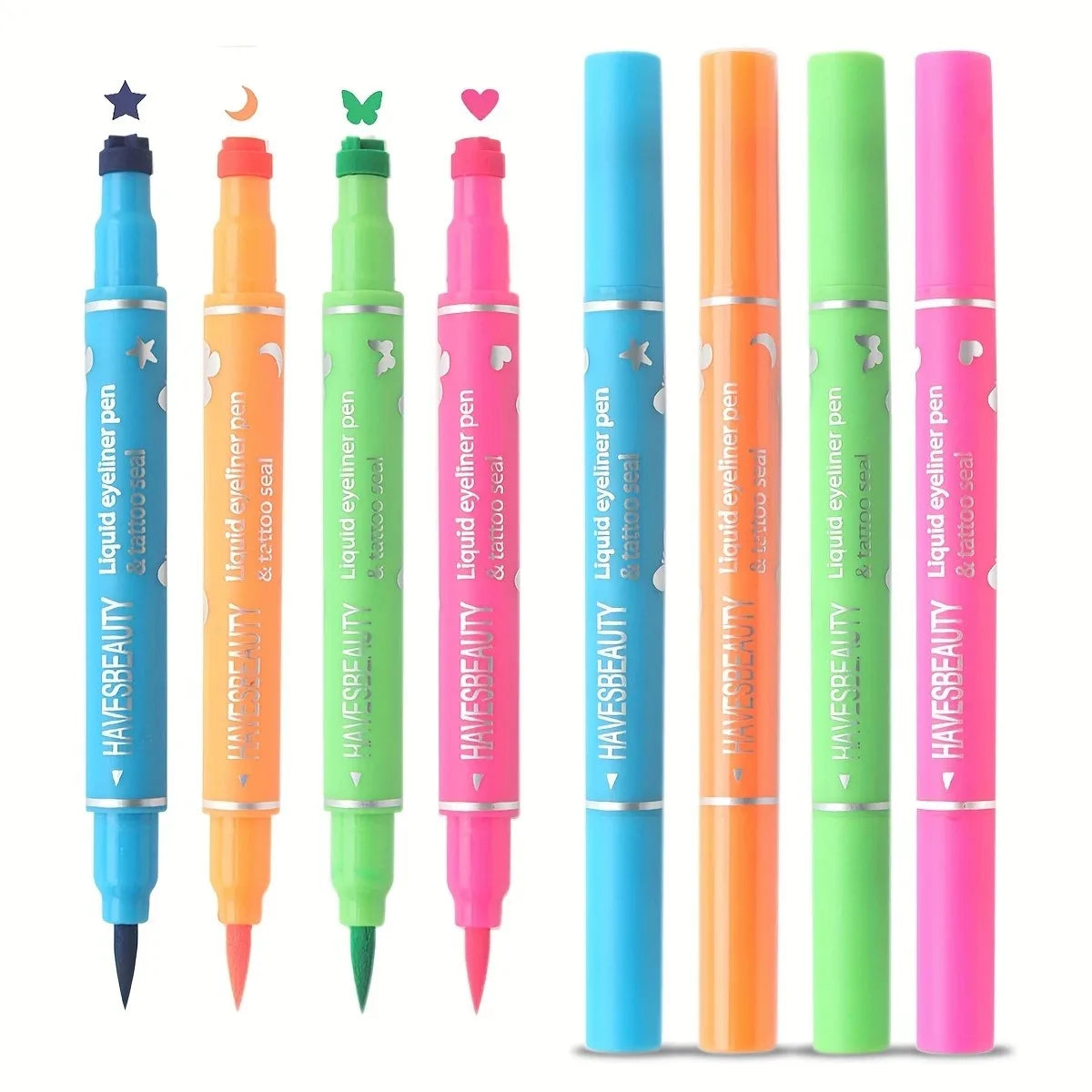 Blushimmer double-head liquid eyeliner set with waterproof gel pens in stars, hearts, moon, and butterfly styles, slim felt tip design.