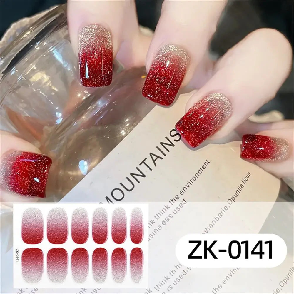 Gradient cat eye style nail art stickers by Blushimmer, 16-piece set with waterproof, glitter false nail decals on a white background.