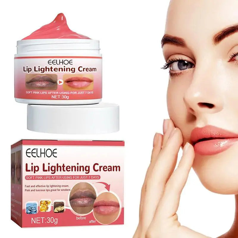 Blushimmer organic lip lightening cream balm in 30g jar, showing soft pink lips and the product container on a white background.