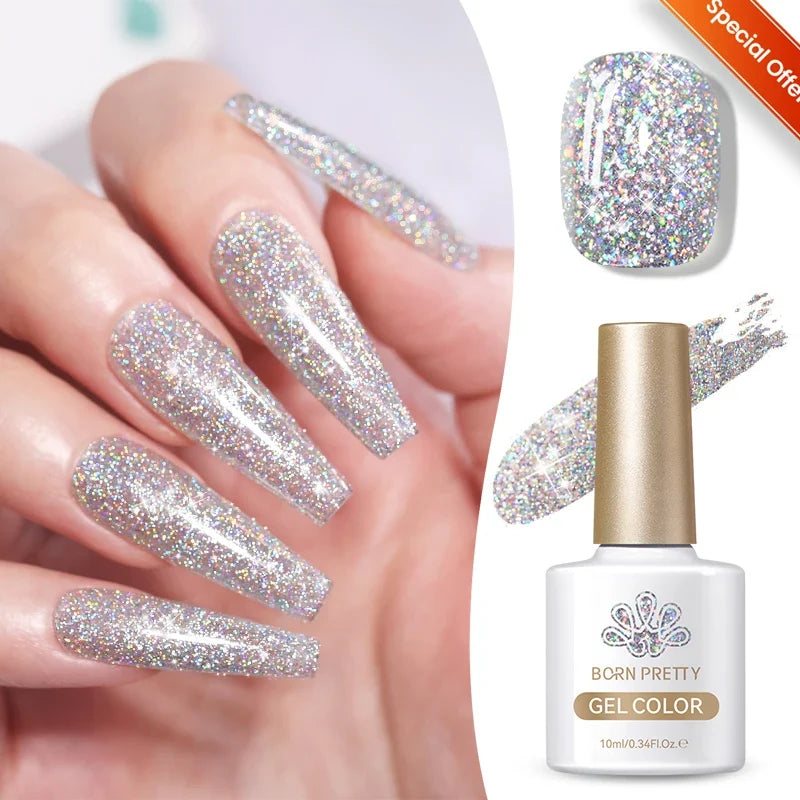 Silver carat reflective glitter gel nail polish by Blushimmer, showcasing sparkling ultra-shine finish and soak-off UV nail art design.