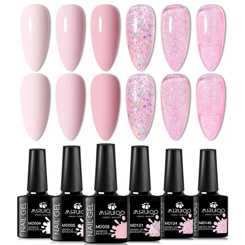 Blushimmer 6-piece nail gel polish set with vibrant, semi-permanent UV gel for all-season manicures and creative nail designs.
