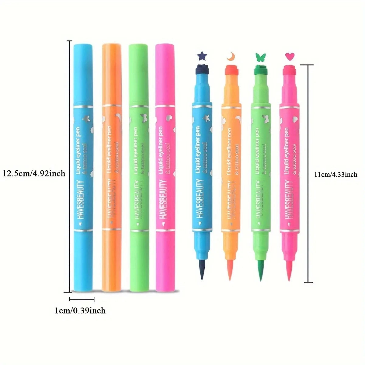 Blushimmer double-head liquid stamp eyeliner set with four waterproof styles including stars, hearts, moon, and butterfly designs.