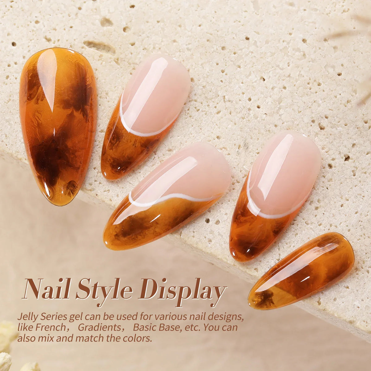 Born Pretty crystal amber gel nail polish set with six jelly pink nude shades for semi-permanent UV and LED manicure.