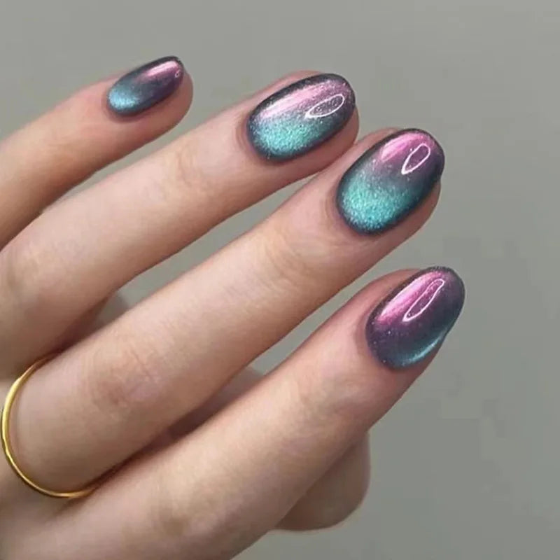 Set of 24 glossy red cat's eye press-on nails by Blushimmer, almond-shaped full cover false nails with nude color finish.