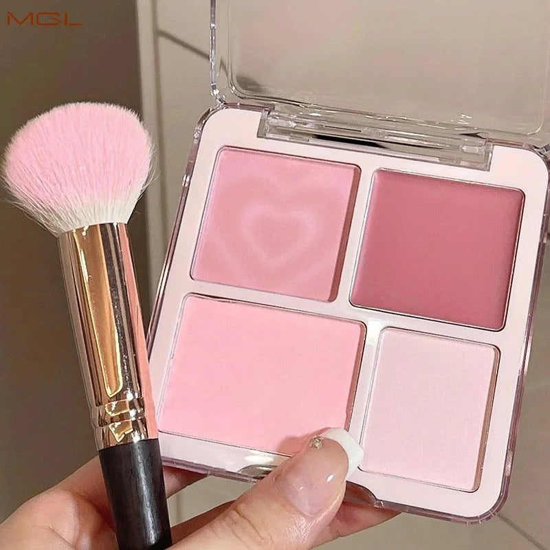 Blushimmer pink peach blush powder and cream palette with highlighter, matte blush, and cheek tint for brightening makeup looks.