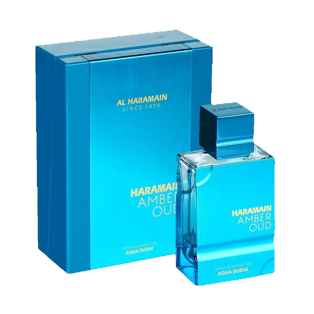 Al Haramain Amber Oud Aqua Dubai unisex eau de cologne in 2 oz bottle, showcasing the elegant packaging and fragrance profile.