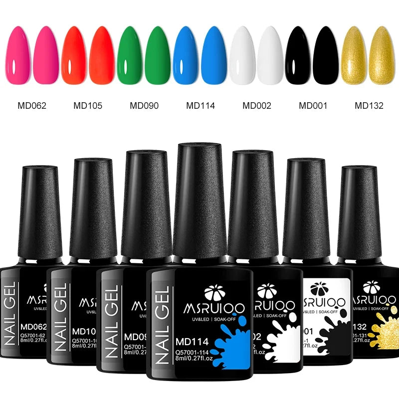 Blushimmer 7-piece gel nail polish set with colorful bottles for DIY nail art, long-lasting soak-off UV gel for manicures.